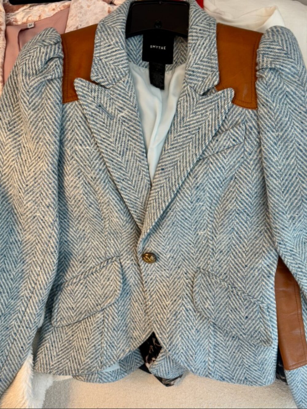Smythe Rifle-Patch Equestrian Blazer in blue herringbone